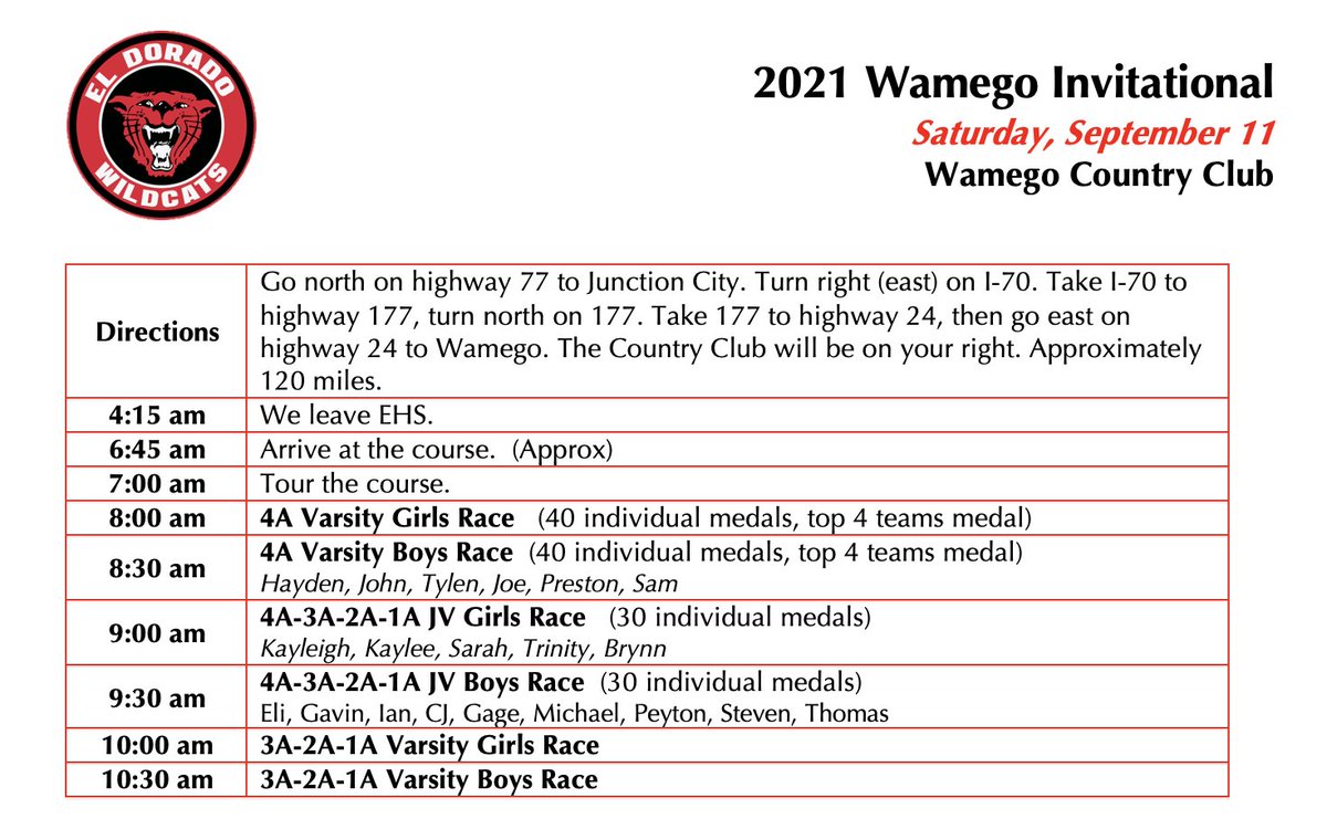 Meet Info for Saturday