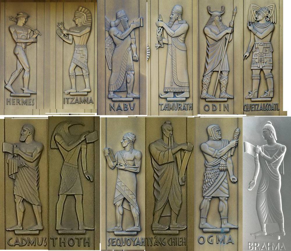 The doors to the Library of Congress are consecrated with gods: each god  represents a different creator of a specific script, all in bronze and  brass, to show the importance of literacy, image size:1000x862