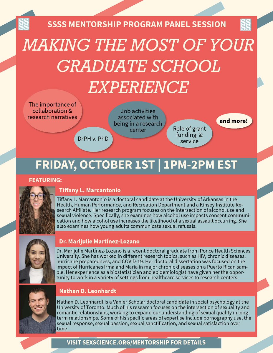 The Society for the Scientific Study of Sexuality (@sex_science) on Twitter photo 🚨 Attention Students & Prospective Students! 🚨
"Making the Most of your Graduate School Experience" A SSSS Virtual Mentorship Panel: Friday, October 1st at 1PM EST w/ <a href="/tiffmarcantonio/">Tiffany Marcantonio, PhD</a> <a href="/nathandl12/">Nathan Leonhardt</a> & Dr. Marijulie Martínez Lozano
More at sexscience.org/Mentorship
#SaveTheDate 🚨 Attention Students & Prospective Students! 🚨
"Making the Most of your Graduate School Experience" A SSSS Virtual Mentorship Panel: Friday, October 1st at 1PM EST w/ <a href="/tiffmarcantonio/">Tiffany Marcantonio, PhD</a> <a href="/nathandl12/">Nathan Leonhardt</a> & Dr. Marijulie Martínez Lozano
More at sexscience.org/Mentorship
#SaveTheDate