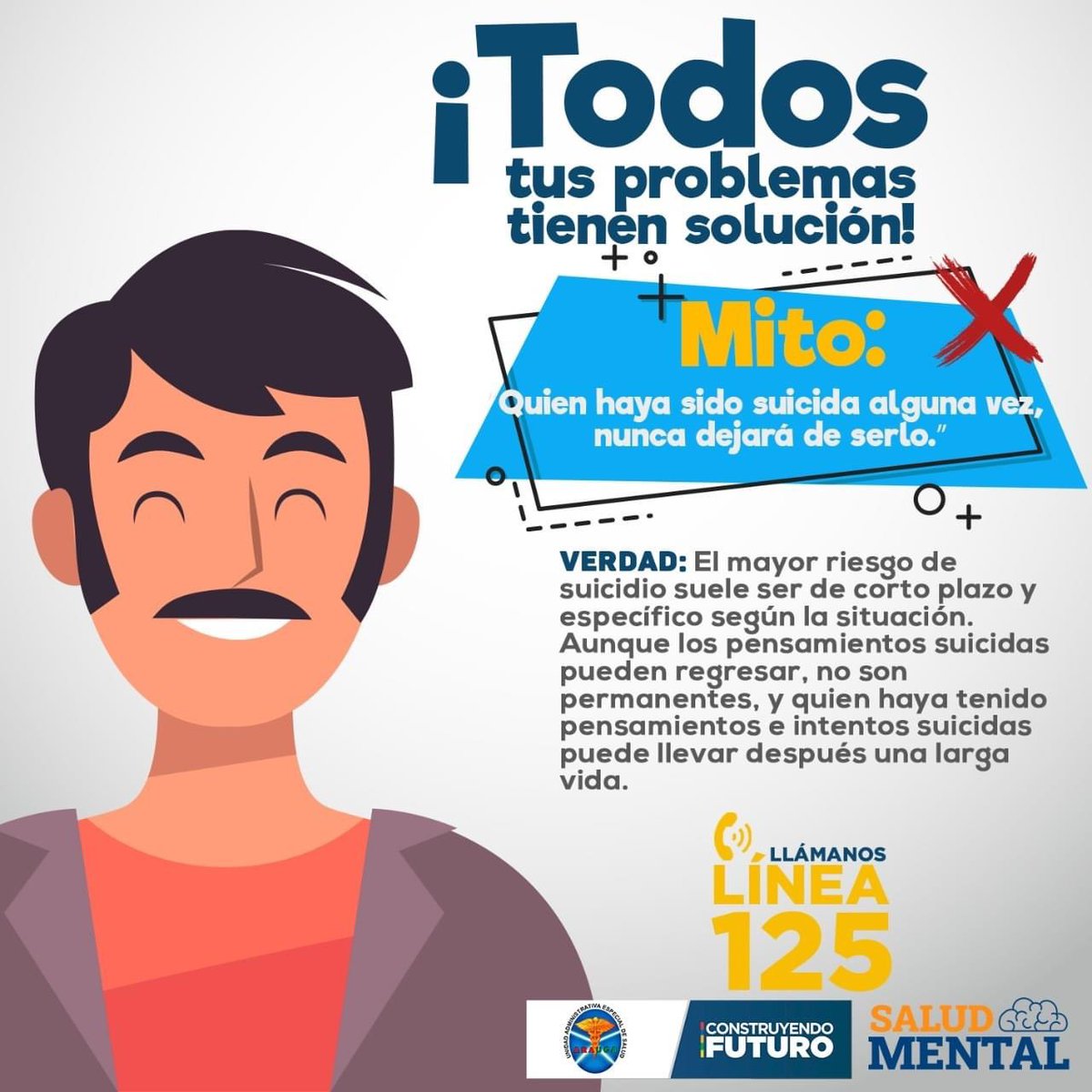 UaesaArauca's tweet photo. #SemanaDelaPrevenciónDelSuicidio 🧠
Todos tus problemas tienen solución | 
Hablar🔊 de los que sientes es el primer paso, no olvides que es posible superar cualquier malestar psicológico y está bien buscar apoyo en otras personas. #YoExpresoMisEmociones, línea 125 ☎️ https://t.co/mMXBZLB3hu