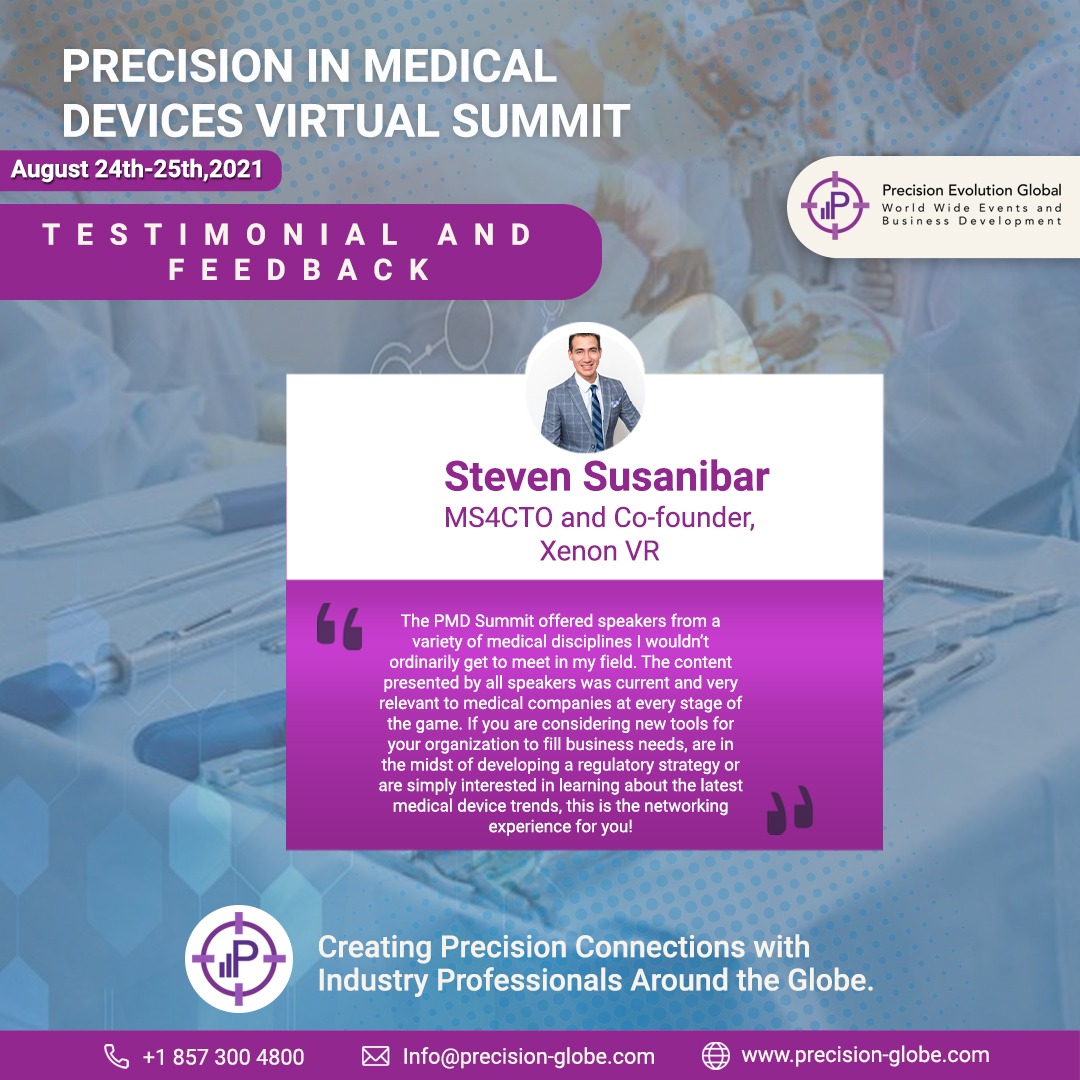 PrecisionEvolu1's tweet photo. We want to thank Steven Susanibar, CTO & Co-Founder of @XenonVr for his feedback from our #VIRTUALPMD Summit in August!
We look forward to meeting you again at our future #MedTech summits!
Email us at info@Precision-Globe.com to learn about our 2022 programs.
#AI #ML #Data https://t.co/ZIRIOGyTEQ