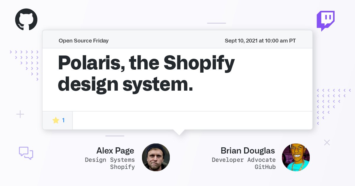 github's tweet photo. Join @bdougie and @alexpage_ to discuss the design system that powers an e-commerce experience for one million-plus users.

Follow us on Twitch for notifications when live. https://t.co/d0J3oCOqiu https://t.co/i2HghENORQ