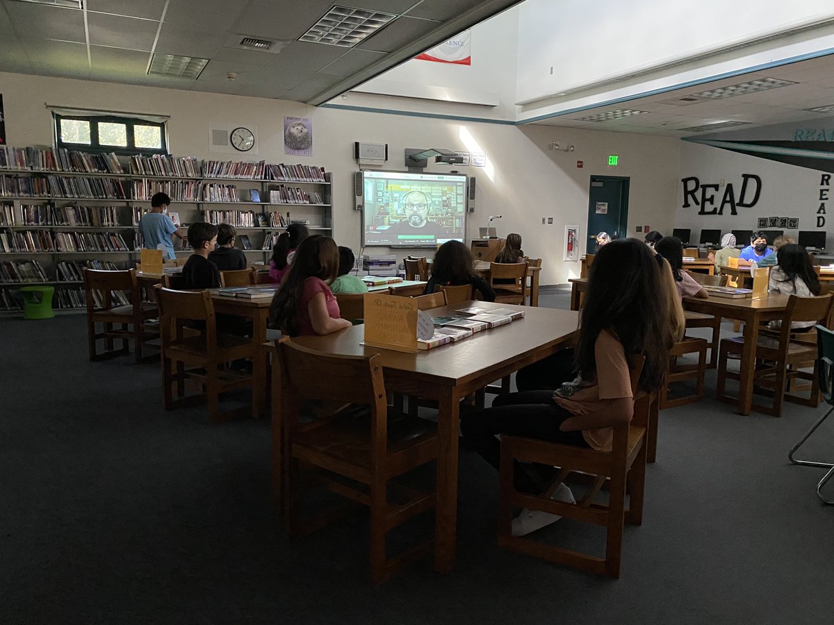IHMSLibrary's tweet image. Such an amazing opportunity to hear from Alan Gratz this morning! 👏📚 Thank you to @rakestrawbooks for inviting teachers &amp;amp; students at Iron Horse to participate! #SRVLibraryLove #srvusd #powerofjag