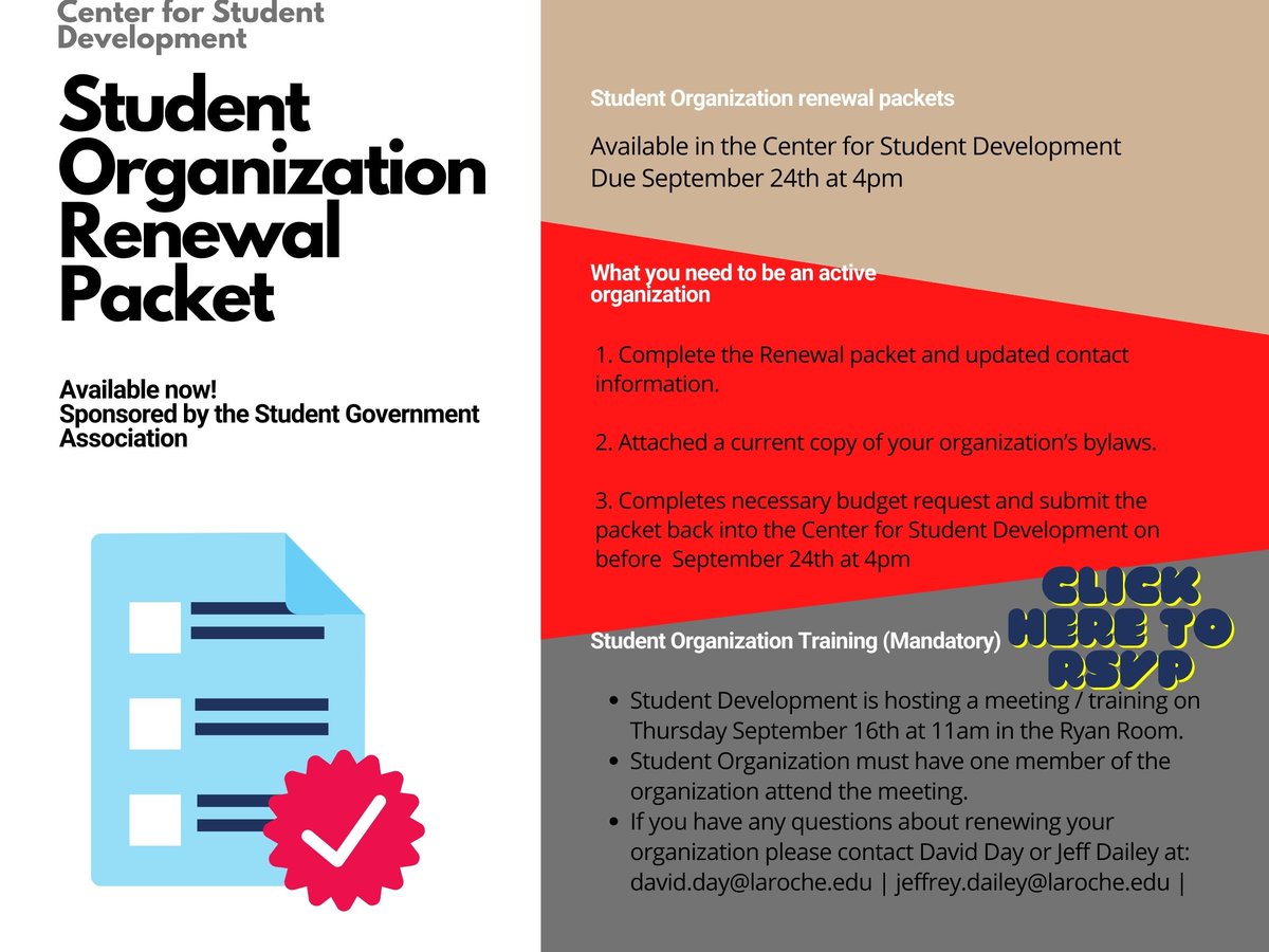 StudentDevelopm's tweet image. Renewal packet are available for LRU Student Organizations! Click here to RVSP for the First Organizations Meeting/Training! ow.ly/uHZ250G73wR