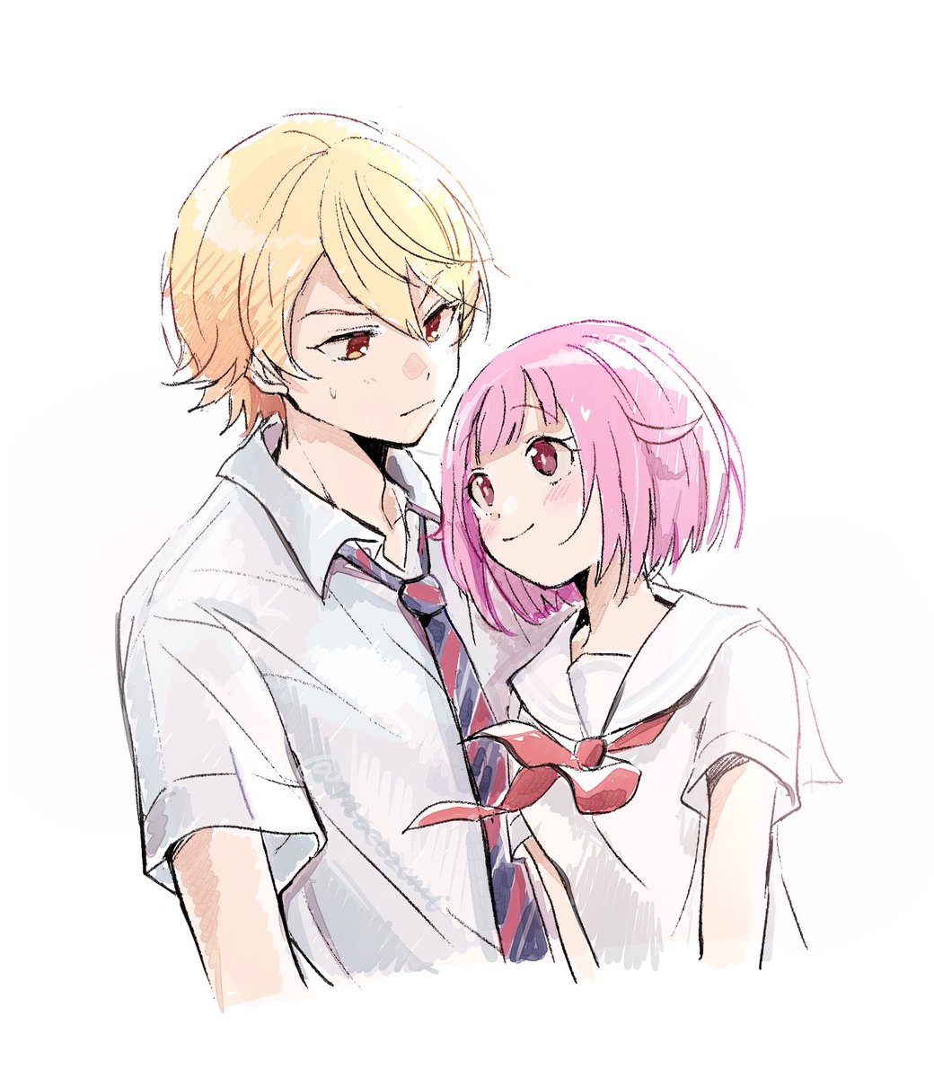 1girl 1boy blonde hair school uniform pink hair necktie striped necktie  illustration images