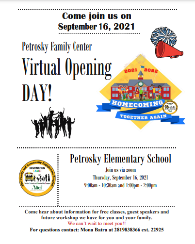 PetroskyPirates's tweet photo. Join us for our Virtual Family Center Grand Opening on September 16, 2021 from 9:00-10:30 and 1:00-2:00. Come hear all about the great things we will have in store for your families this year! @Alief_Fame  @AliefISD @Petroskyfamily https://t.co/JkC9zPwL7D