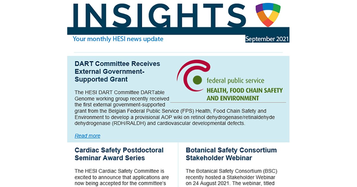 The September edition of HESI's monthly newsletter, Insights, is now available! Read about the new Cardiac Safety Committee Postdoctoral Seminar Award Series, an upcoming CT-TRACS Committee Regulatory Perspectives Webinar, &amp; more: hesiglobal.org/hesi-insights-…