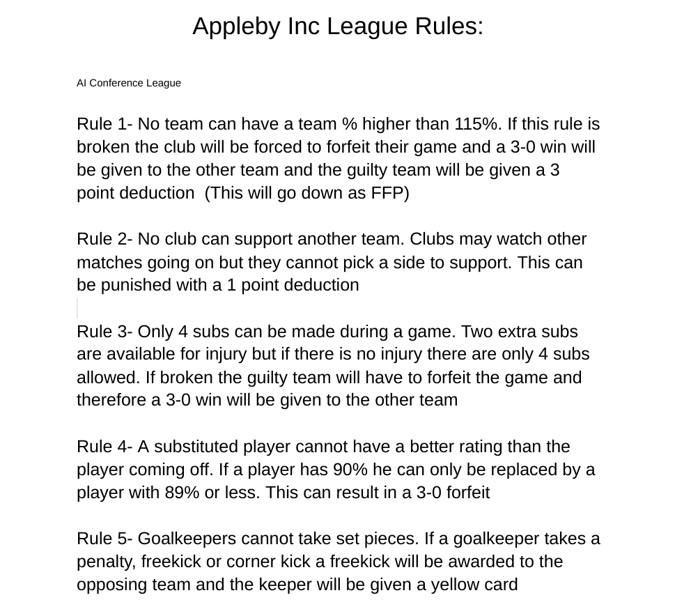 Here are the rules for the <a href="/AINatiLeague/">AI National League</a> and <a href="/AIConference2/">AI Conference League</a> next season!