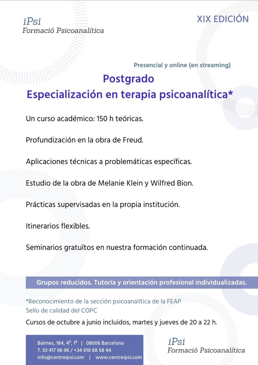 Ya estamos de vuelta y empezamos clases el 5 de octubre con muchas ganas!
#psicoterapia #psicologia #covid19 #psicoanalisis #practicasclinicas #tecnicapsi #terapiadistancia #FEAP #psicoanalisis #psicoterapia #postgrado #psi