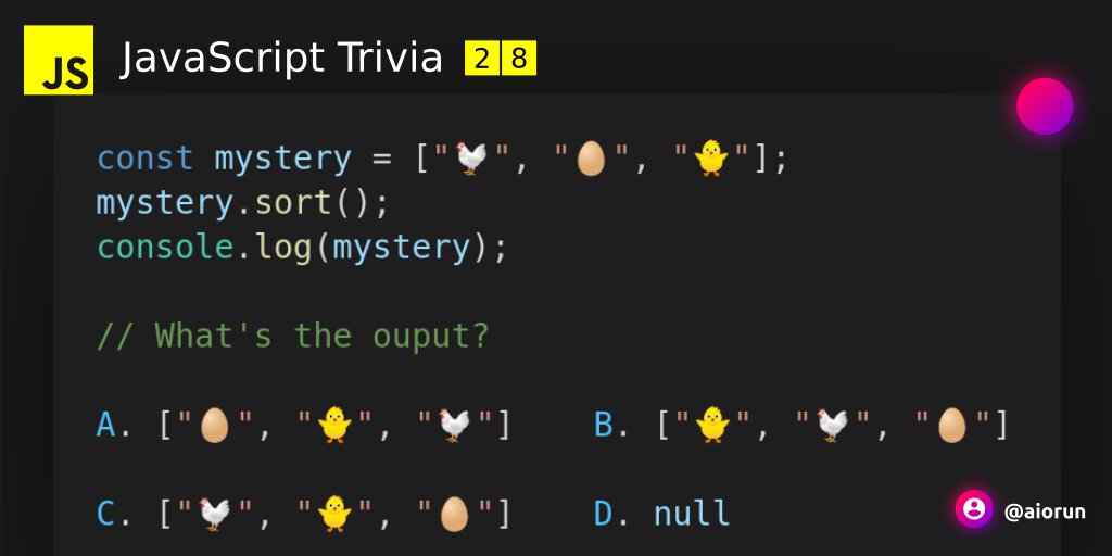 aiorun's tweet image. โฐ ๐ JavaScript Trivia - 28 ๐โณ
๐ง Let's solve this old mystery forever
๐ฅ๏ธ Who made it first and who followed? ๐ค
๐ Follow, subscribe for daily JavaScript trivia
#JavaScript #JavaScriptTrivia #JSTrivia
