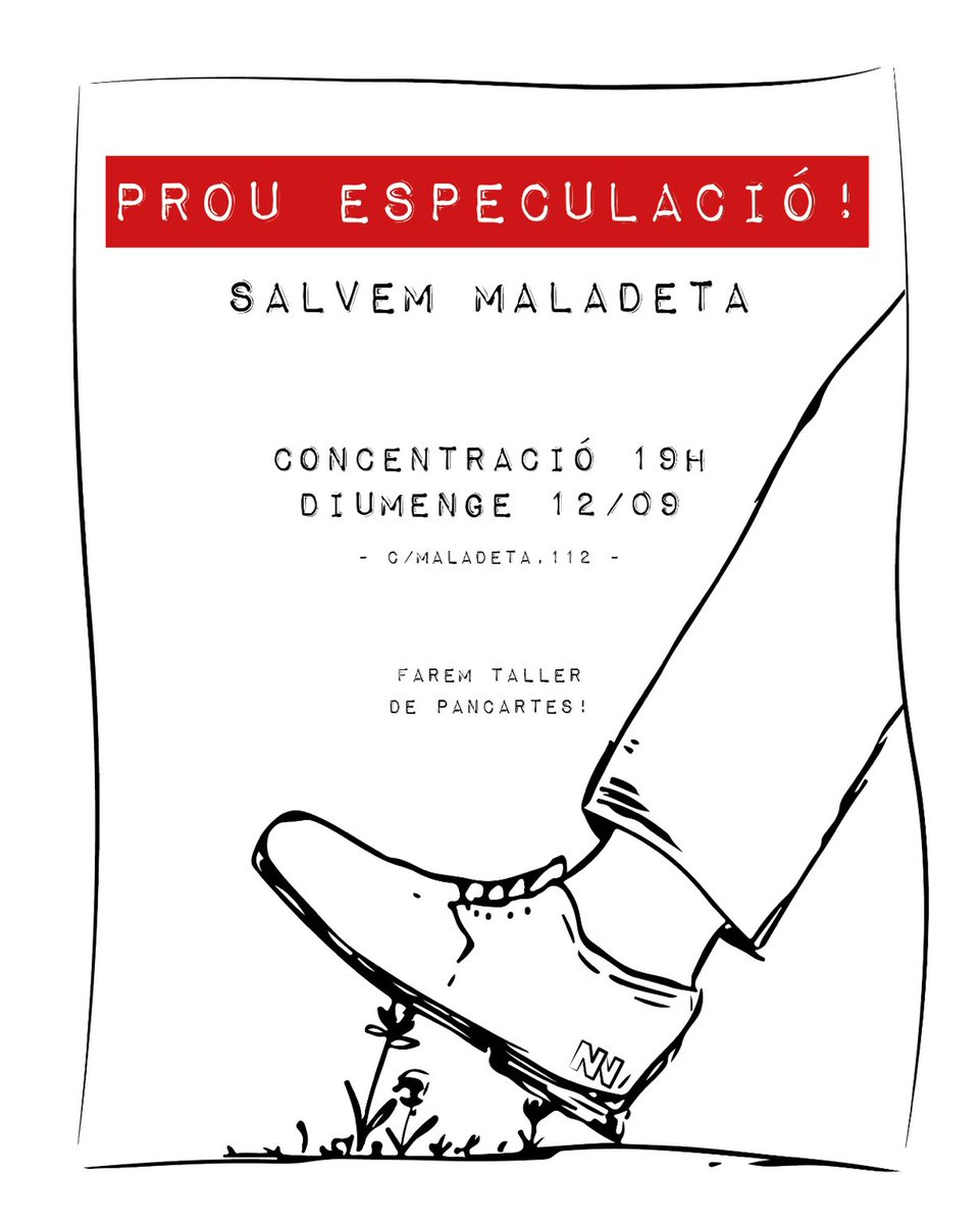 ALERTA 

Ahir 8 de setembre una comitiva judicial, de la mà de Núñez i Navarro, va desnonar sense previ avís a les veïnes que ocupaven des de feia més de 10 anys els horts del carrer Maladeta!

UNIM-NOS PER DIR PROU A L'ESPECULACIÓ!

📆 Diumenge 12S
⏰ 19h
📌 C/Maladeta 112