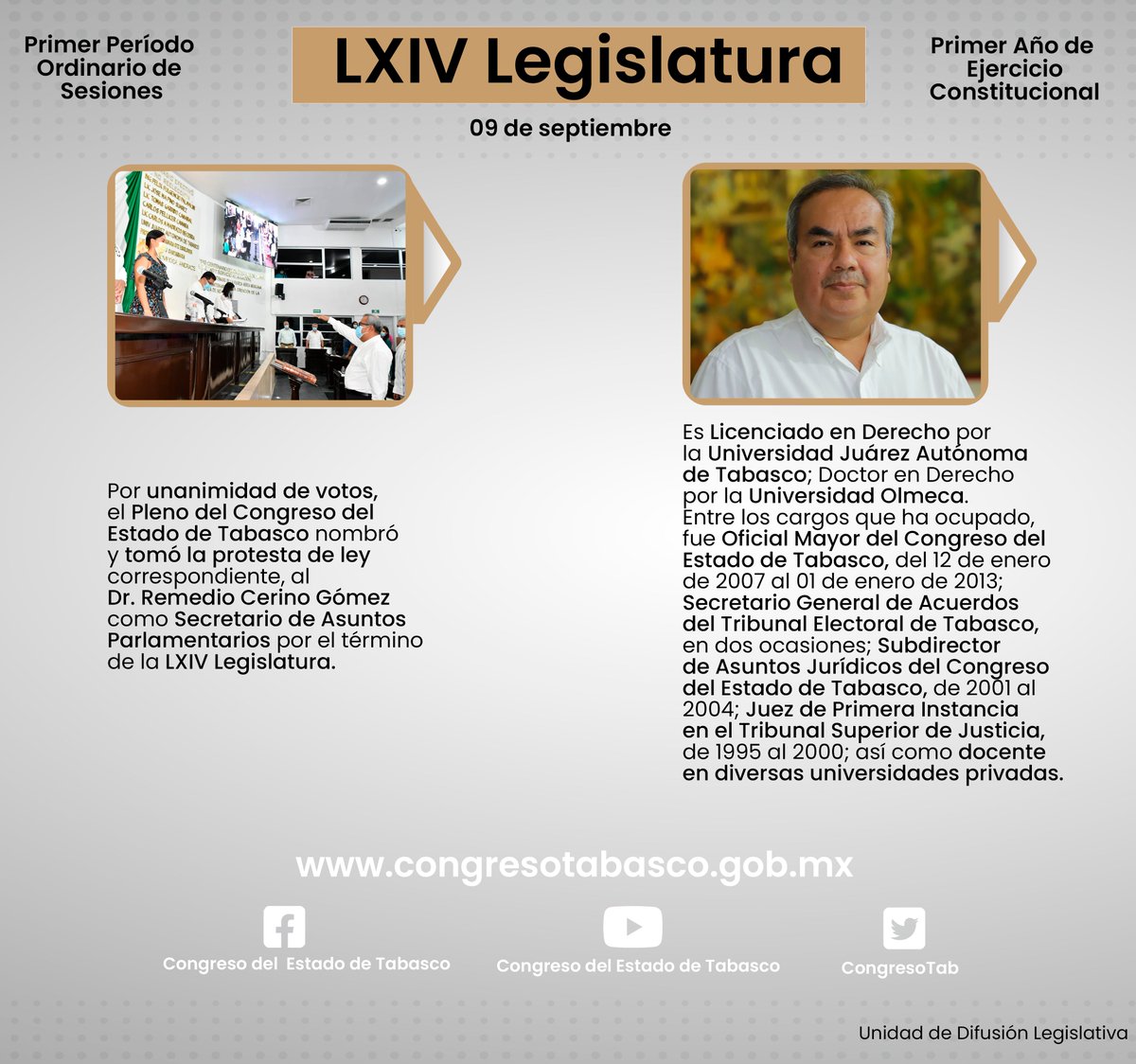 📝 #Entérate | La LXIV Legislatura avaló este jueves el nombramiento del Dr. Remedio Cerino Gómez, como Secretario de Asuntos Parlamentarios del Congreso del Estado de Tabasco

#CongresoTabasco #LXIVLegislatura