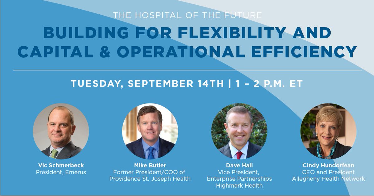 EmerusHoldings's tweet photo. Please join us online from 1-2 p.m. ET, Sept. 14, for a free discussion on “The Hospital of the Future.” Featured speakers: Vic Schmerbeck, Emerus; Mike Butler, formerly of Providence St. Joseph Health; Cindy Hundorfean, AHN; &amp; Dave Hall, Highmark Health. 
https://t.co/zHiHh7JBIp https://t.co/1Pnjz4D5X8