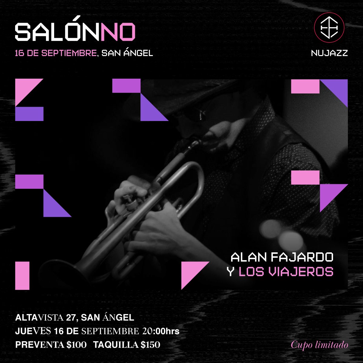 NoAltavista's tweet photo. Alán Fajardo y los viajeros es un ensamble creado por el compositor y trompetista @AlanRFajardo, será acompañado por #LariRuizVelazco, #HansAvila y #FerRuvel
El repertorio incluye canciones originales y arreglos de música popular abarcando géneros como nujazz, R&B, Drum n Bass. https://t.co/nkrnjX2tuy
