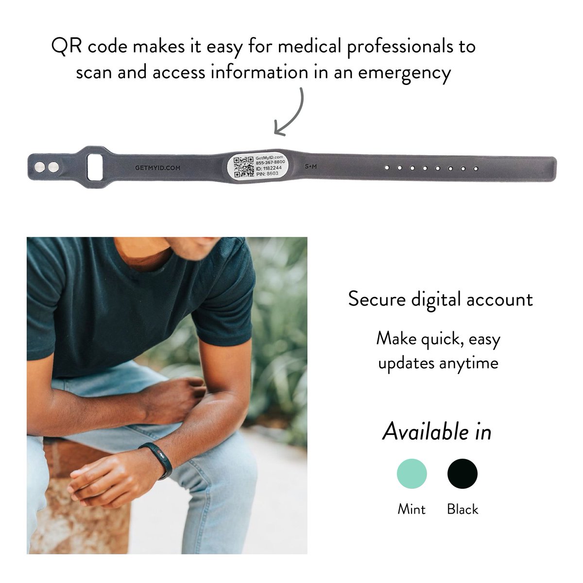 NEW Quick Scan Medical ID Bracelet! Available on myabetic.com. Create a secure digital account online that holds unlimited medical &amp; contact info. Make quick, easy updates any time! Tap photo 2 to see QR code for medical professionals to access your health information
