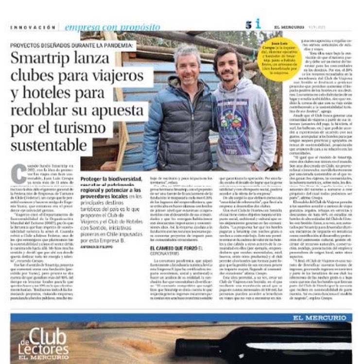 parrilla_jesus's tweet photo. Hoy en la sección de Innovación de El Mercurio, @juan_crespoL hablando del nuevo Club de Viajeros con Sentido y el Club de Hoteles con Sentido de @SmartripChile
#clubdeviajeros #sustentabilidad #viajes #chile #socent #impiv #SDGs https://t.co/hLLWf4wQF6
