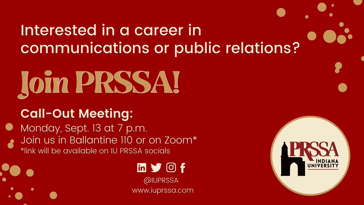 Join us this coming Monday in Ballantine for our call-out meeting.  Learn more about committees, events, and how to join PRSSA at IU from current members. We are excited to see you there or on Zoom! 🎉