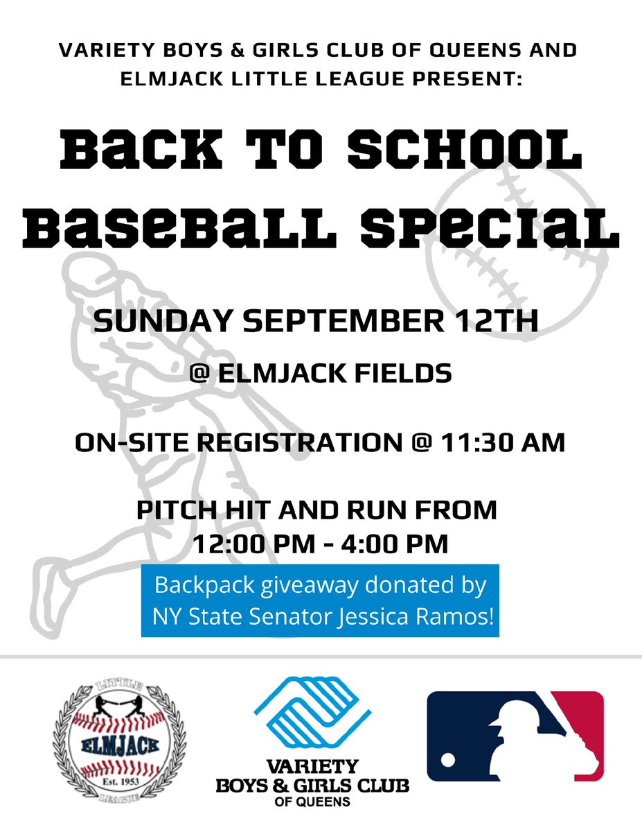 jessicaramosqns's tweet image. Don’t live near @34th_ave? Join us, @Costa4NY, @vbgcq &amp;amp; @ElmjackLL at Elmjack Fields at 11:30am for a Back to School Baseball Special Backpack Giveaway 🎒⚾️ Kids from 5-17 can compete in games and win trophies! All are welcome.