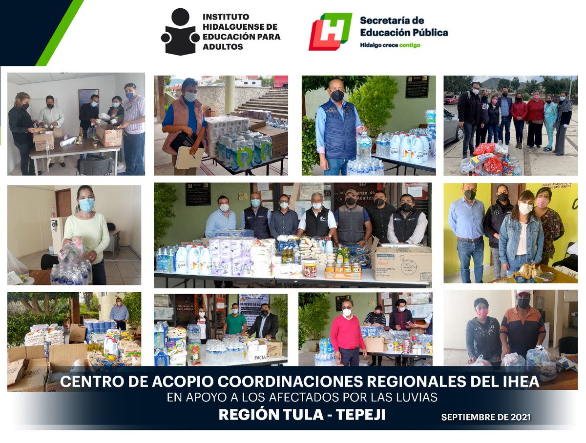 iheaoficial's tweet photo. La solidaridad de la #FamiliaIHEA integrada por directores, coordinadores regionales, figuras solidarias e integrantes del Sindicato Nacional de Educación para los Adultos (SNTEA) Sección XIII, fue de respuesta inmediata para apoyar a la población damnificada. https://t.co/LjbEqyS1w4