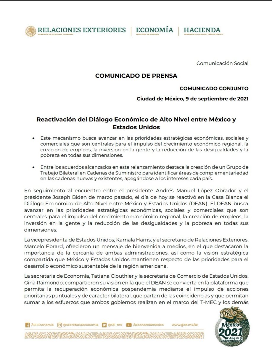 SE_mx's tweet photo. #Comunicado | Reactivación del Diálogo Económico de Alto Nivel entre México 🇲🇽 y Estados Unidos 🇺🇲.

#DEAN https://t.co/T15mQuXuJC