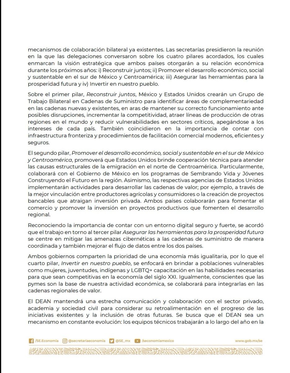 SE_mx's tweet photo. #Comunicado | Reactivación del Diálogo Económico de Alto Nivel entre México 🇲🇽 y Estados Unidos 🇺🇲.

#DEAN https://t.co/T15mQuXuJC
