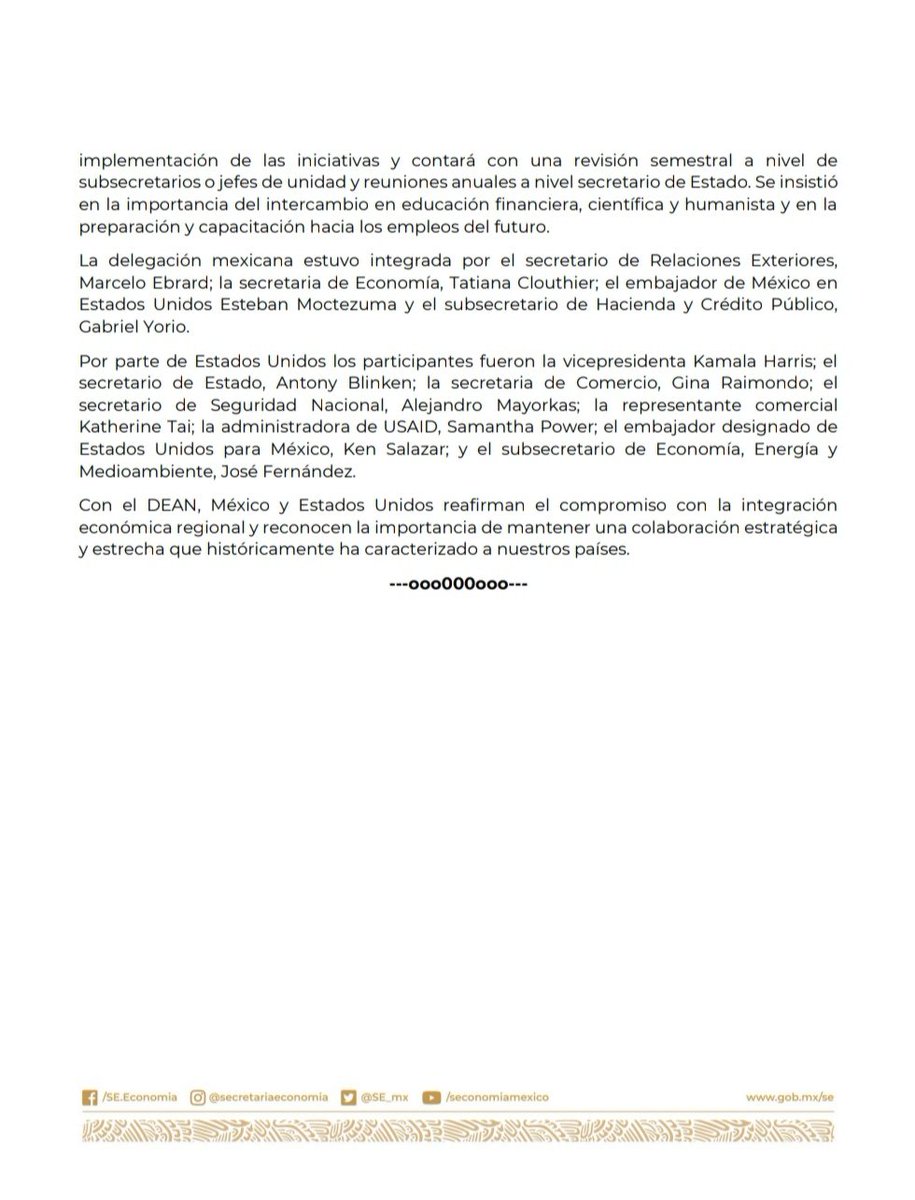SE_mx's tweet photo. #Comunicado | Reactivación del Diálogo Económico de Alto Nivel entre México 🇲🇽 y Estados Unidos 🇺🇲.

#DEAN https://t.co/T15mQuXuJC