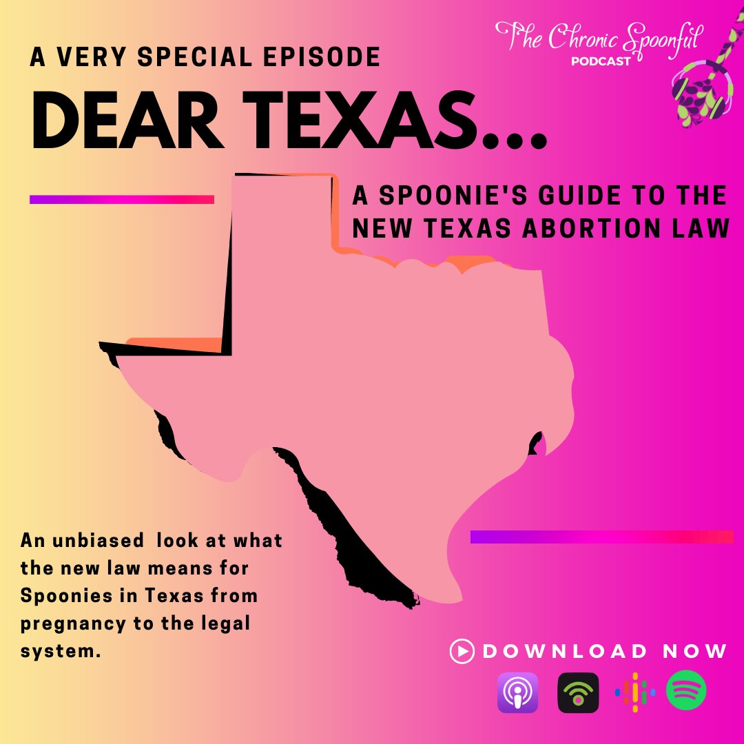 When we decided to do an episode to talk about how the Texas abortion law would impact Spoonies,we decided to just talk about the law and what it means for someone with chronic illness. Period. Make it a NO JUDGEMENT ZONE. So take listen: open.spotify.com/episode/6rNjUW…