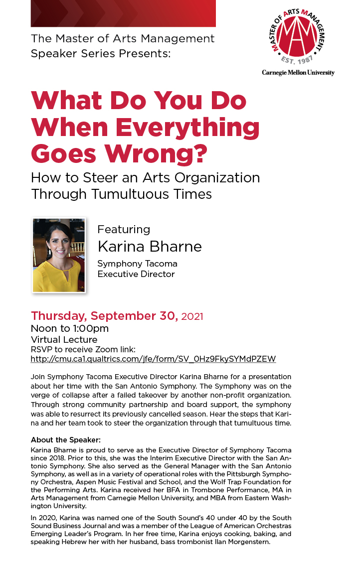 On Sept 30, we (virtually!) welcome <a href="/symphonytacoma/">Symphony Tacoma</a>'s ED Karina Bharne as the first guest of the 2021-22 MAM Speaker Series! RSVP here: cmu.ca1.qualtrics.com/jfe/form/SV_0H…