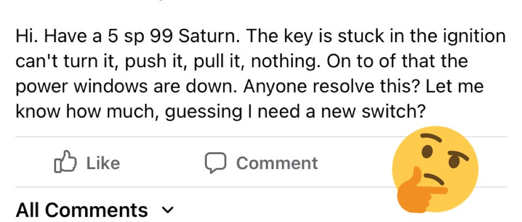 CaseyMosery's tweet photo. So, this lady asks for help w/ her ‘key-stuck-in-ignition’ Saturn.
Read this guys non-proof-read comment 😂🤣🍑
#fbFail https://t.co/CrDzuprkv6