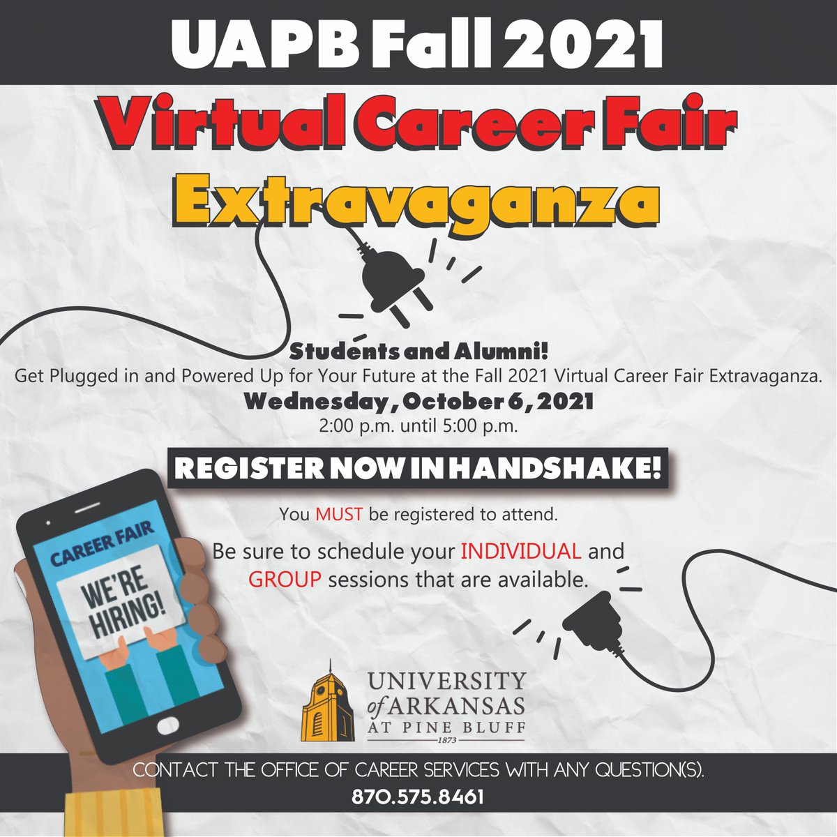 Students and Alumni! 🚨

The Fall 2021 Virtual Career Fair Extravaganza on Wednesday, October 6, 2021, from 2:00 p.m. until 5:00 p.m.! 🗣

Registration link: lnkd.in/ez77UMGR