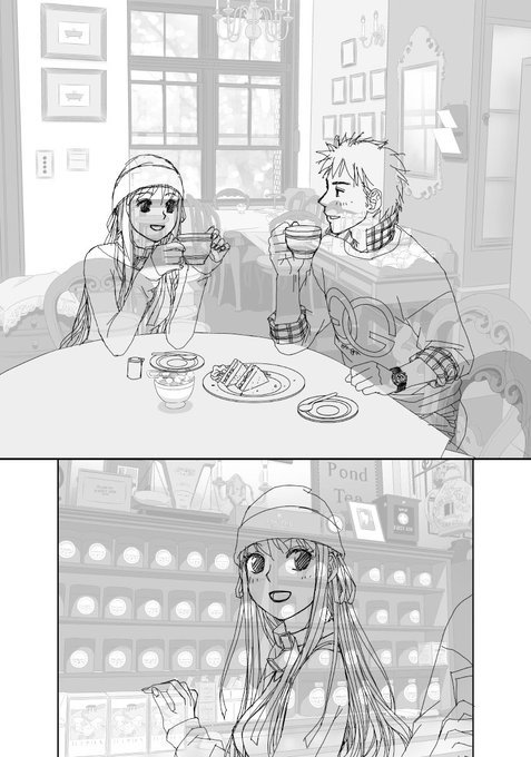 「My doll house」の下描き
台詞フキダシ擬音無し絵その、53

デートシーン描くのは楽しかったけど…コレ男同士だからね

デートだったから、ありすが可愛く見えるよーな気がする😚
描いた当時はあんまり意識して無かった(仕方なくデートしてる設定)けど、キャラが勝手に動くってのは結構あるかも〜🤔 