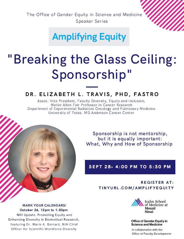 Please join us at the Office of Gender Equity's Amplifying Equity Speaker Series kick-off event: 'Breaking the Glass Ceiling: Sponsorship' featuring Dr. Elizabeth Travis @ELTravisPhD on Tuesday, September 28, 4pm – 5:30 pm Register here: tinyurl.com/amplifyequity