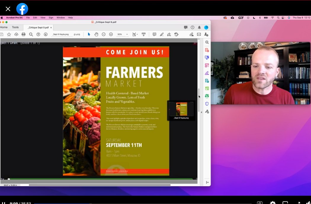 Tried something new today with #com210 and did a Facebook live critique. I love finding fun and new ways to connect and engage with students in these large courses- and I can't wait to see their first flier projects this week!