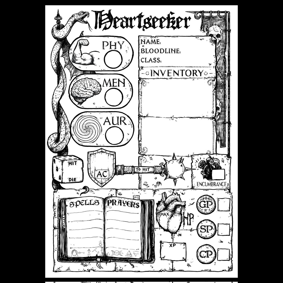 Character Sheet i did for Heartseeker, a rules light fantasy rpg by @trollishdelver 
#ttrpg
#rpg
#osr
#charactersheet