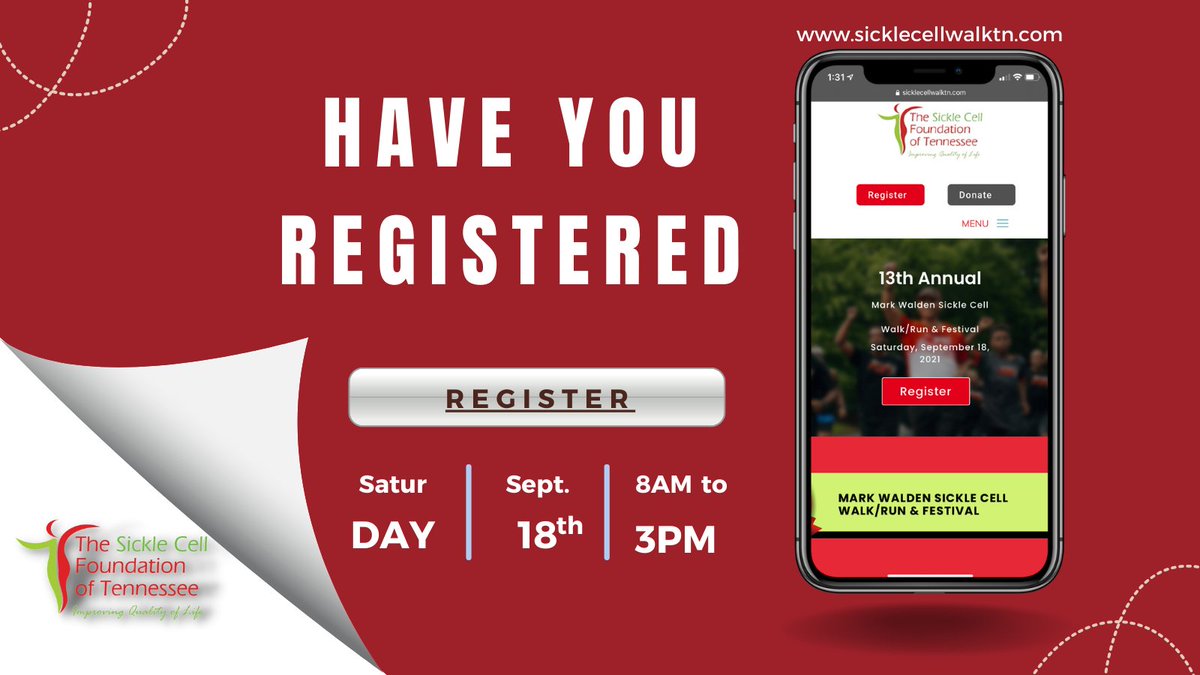 The Sickle Cell Foundation of Tennessee (@sicklecelltn) on Twitter photo We are less than 2 weeks away from our 13th Annual Mark Walden Sickle Cell Walk/ Run & Festival! Register today at sicklecellwalktn.com
Can't attend in person? Register for our Virtual option!
#scftwalk #SickleCellFoundationTN #SickleCellAwareness #SickleCellAwarenessMonth We are less than 2 weeks away from our 13th Annual Mark Walden Sickle Cell Walk/ Run & Festival! Register today at sicklecellwalktn.com
Can't attend in person? Register for our Virtual option!
#scftwalk #SickleCellFoundationTN #SickleCellAwareness #SickleCellAwarenessMonth