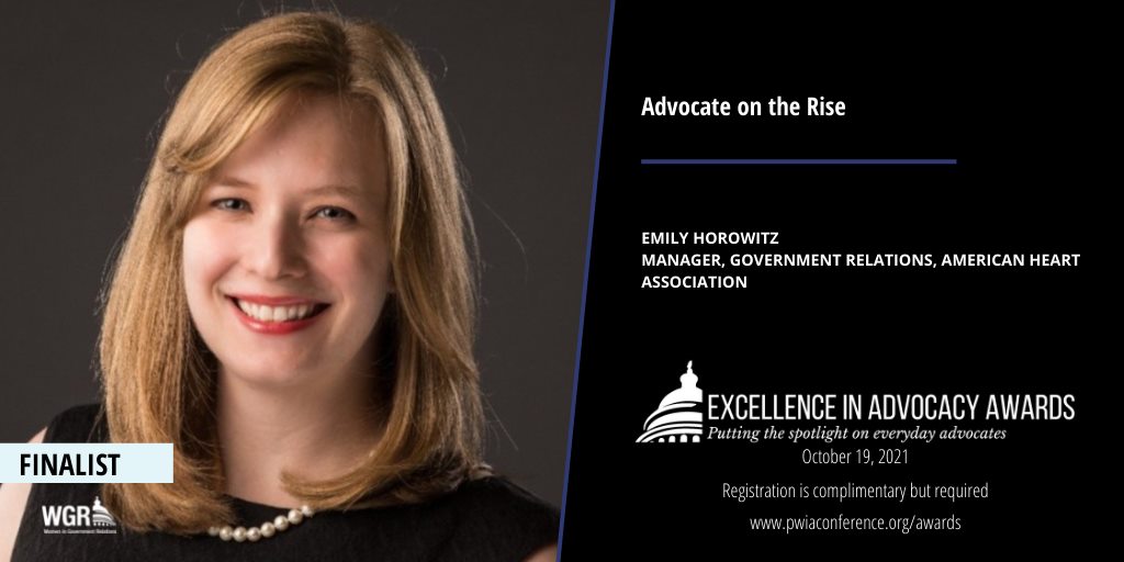 Congratulations <a href="/EmHorowitz/">Emily Horowitz</a>, a finalist for the <a href="/WGRDC/">Women in Government Relations</a> "Advocate on the Rise" Award! This award recognizes an advocate for early achievements and potential to be a successful contributor to the field over time. Spread the word to help her win! #EIA2021 wgr.org/news/574879/WG…