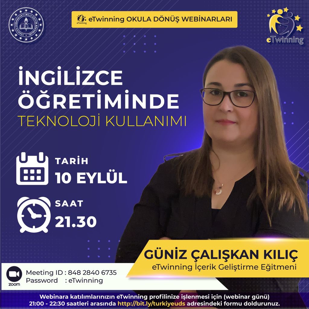 📣📣📣 eTwinning Okula Dönüş Webinar Serisi Devam Ediyor!

📌İngilizce Öğretiminde Teknoloji Kullanımı

👤Güniz ÇALIŞKAN KILIÇ- eTwinning İçerik Geliştirme Eğitmeni 

🗓️ 10 Eylül 2021 Cuma
⏰ 21.30

🔗Zoom ID: 848 2840 6735
🔖Şifre: eTwinning

⬇️