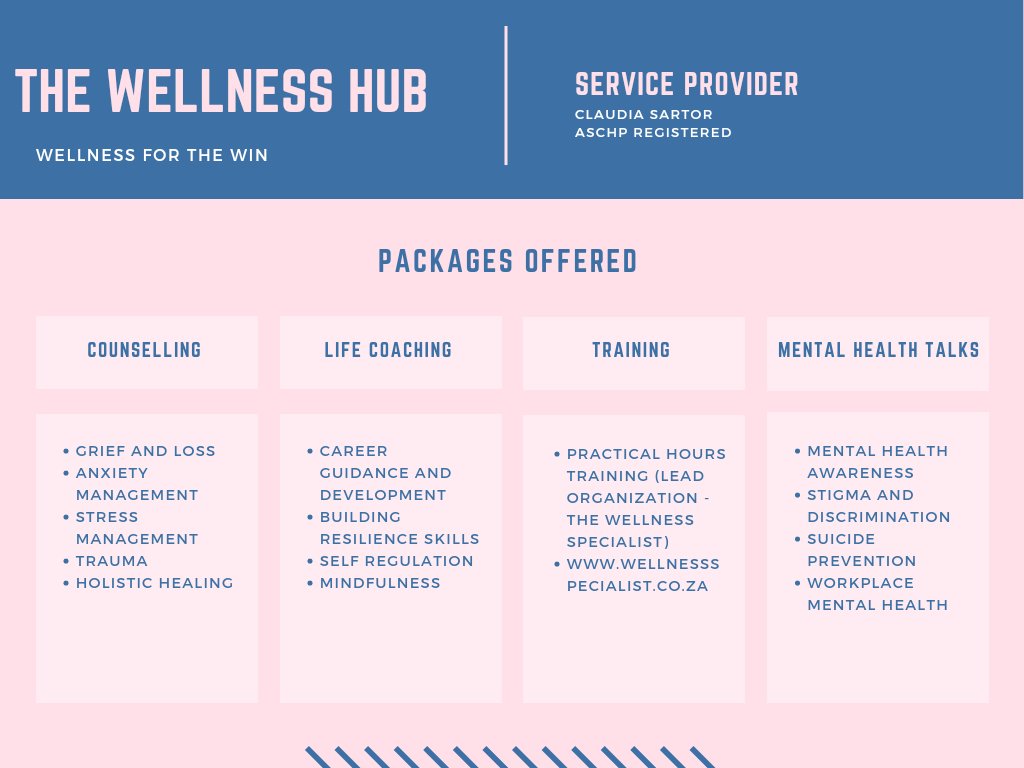 Claudia Sartor (@sartor_claudia) on Twitter photo Looking for #counselling, #lifecoaching or #mentalhealthawareness talks? Contact me for more details
#wellnessthatworks
thewellnesshub01@gmail.com Looking for #counselling, #lifecoaching or #mentalhealthawareness talks? Contact me for more details
#wellnessthatworks
thewellnesshub01@gmail.com