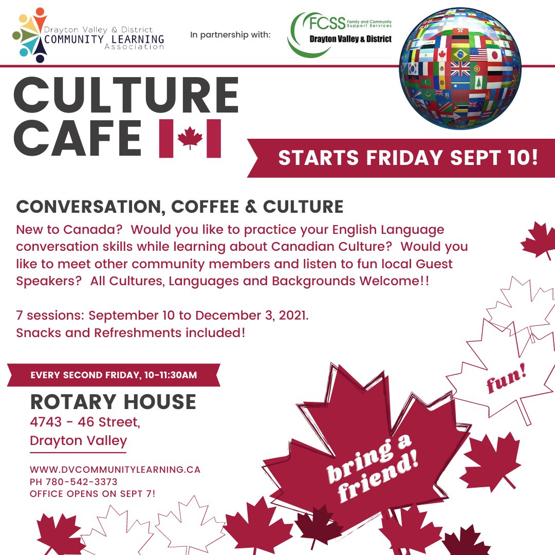 DVCommLearning's tweet image. Don&apos;t forget to join us tomorrow for our first Culture Cafe!  Special guests from #townofdraytonvalley as well as #dvmulticulturalassociation and #fcss! 

#dvdcla #adultlearning #draytonvalley #brazeaucounty #learnfeelgoodrepeat #community #volunteer