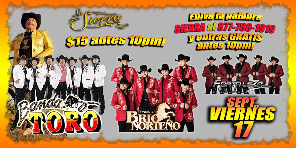 Nos vemos este 17 de #septiembre en @lasierranightclub en Los Angeles Ca.
¡Dale Duro Banda Toro!
.
.
.
.
#bandatoro #eduramamusic #baile #concierto #paisanos #rancho #caballos #festejo #tecnobanda #musicasinaloense #musicamexicana