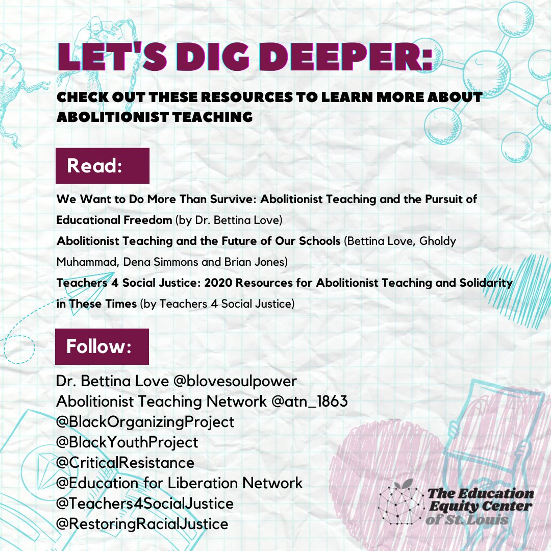The Education Equity Center (@edequitycenter) on Twitter photo (🧵3/3) Let's dig a little deeper with these resources (edequitycenter.org/resources) and by following @BLoveSoulPower @ATN_1863 <a href="/BlackYouthProj/">Black Youth Project #BYP</a> <a href="/BlackOrgProject/">B.O.P.</a> <a href="/C_Resistance/">Critical Resistance</a> <a href="/T4SJ/">Teachers 4 Social Justice</a> <a href="/RestorRacialJus/">Restoring Racial Justice</a>
Please reply w/ more #AbolitionistTeaching resources & accounts to follow! (🧵3/3) Let's dig a little deeper with these resources (edequitycenter.org/resources) and by following @BLoveSoulPower @ATN_1863 <a href="/BlackYouthProj/">Black Youth Project #BYP</a> <a href="/BlackOrgProject/">B.O.P.</a> <a href="/C_Resistance/">Critical Resistance</a> <a href="/T4SJ/">Teachers 4 Social Justice</a> <a href="/RestorRacialJus/">Restoring Racial Justice</a>
Please reply w/ more #AbolitionistTeaching resources & accounts to follow!