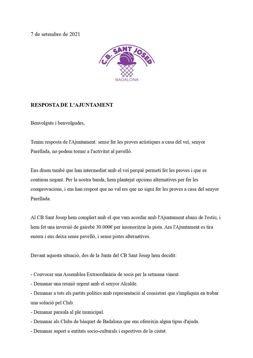CBSantJosep's tweet photo. 🟡 NOTA INFORMATIVA 🟣

Benvolguts, 

Tenim resposta de l'Ajuntament: sense fer les proves acústiques a casa del veí, senyor Parellada, no podem tornar a l'activitat al pavelló (1/9) https://t.co/kekHVXnFE5