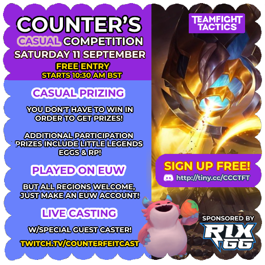Signups for my Casual TFT Competitions are open once more! 

This coming Saturday at 10.30 BST come and join in for FREE, and have the chance to win prizes irrespective of performance!

More details: reddit.com/r/CompetitiveT…

Or join the Discord: tiny.cc/CCCTFT