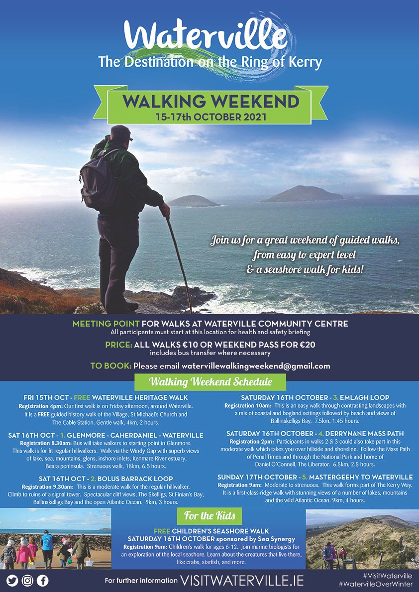 We are delighted to announce the full schedule for our first Walking Weekend this October 15-17th !!!
#WatervilleOverWinter
#WOWWaterville
#LetWatervilleBlowYouAway
#VisitWaterville
#RingofKerry
#SkelligCoast 
#Wildatlanticway #Watervilleireland
#Explorethekingdom
#DiscoverKerry