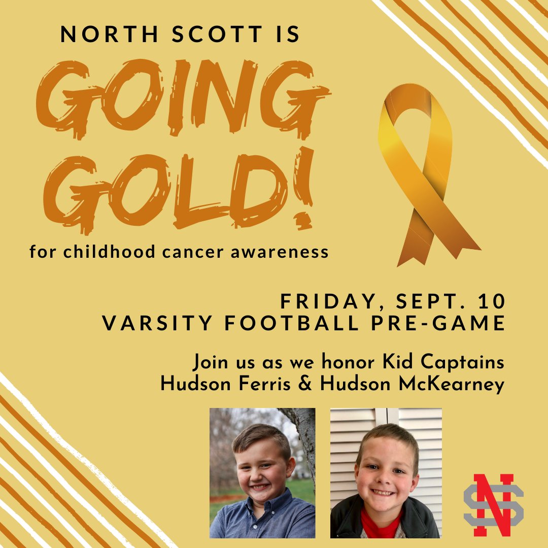 NorthScottCSD's tweet photo. We want to hear your loud Lancer cheers for two of our own as they take the field as Kid Captains! π #LancerPride #GoGold #WhyWeWave #FTK @NorthScottHS @NSHSserviceclub @LancerFans22 @nsaboosters1 @Lancer_FB @Lancer_Strength @NSSilverShakers https://t.co/6jYxfi8gK4
