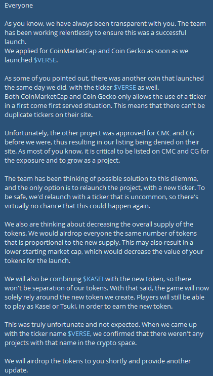 TsukiverseToken's tweet photo. #TsukiSquad,

Here's an important announcement of where we are at. We will provide everyone an update within the next couple of hours.

We apologize for the inconvenience. The odds of two projects launching with the same ticker, a few hours apart is not something we saw happening https://t.co/xJqux5hkat