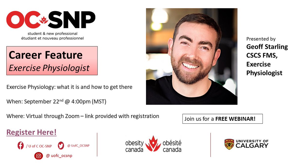 Tune in to hear Geoff Starling talk about what it means to be an exercise physiologist on September 22nd @ 4pm MST! 

Link to register: ucalgary.zoom.us/meeting/regist…