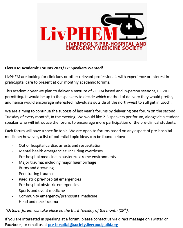 LivPHEMs Academic Forums are back and we are looking for speakers! See attached for more info, and please get in touch if you have any ideas or interests - we would love to hear from you! Any retweets are hugely appreciated. #FOAMed #MedEd #PHEM