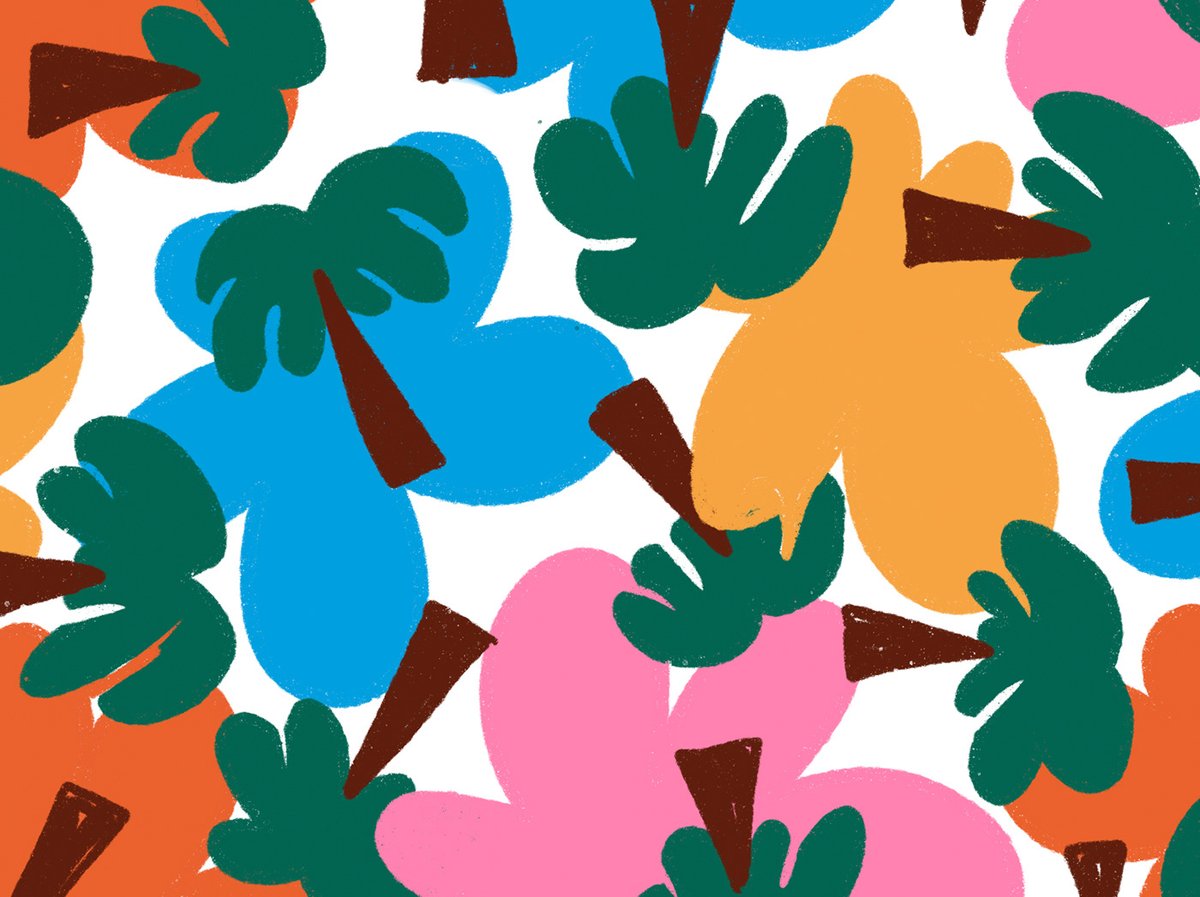 Colorful pattern made up of palm trees and bright yellow, blue, and orange flowers.