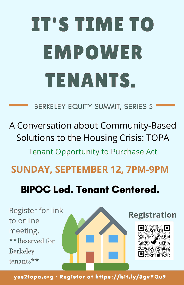 CalOrganize's tweet photo. TOPA is one of many tools that Berkeley needs to create housing justice and racial equity. Calling Berkeley tenants to join us at the Equity Summit on 9/12 to learn more!
This event is BIPOC led and tenant focused. Register at https://t.co/remb212IbG
#Yes2TOPA https://t.co/NAYrfJ3nGq